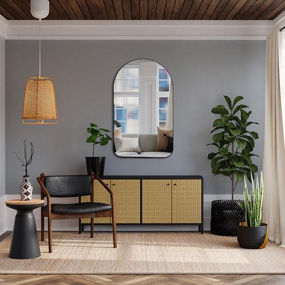 Espelho Decorativo Sala Hall Quarto Orgânico em Couro 44x64cm C/Suporte - Mod. Capela - Rei Dos Vidros Imagem de Espelho Decorativo Sala Hall Quarto Orgânico em Couro 44x64cm C/Suporte - Mod. Capela
