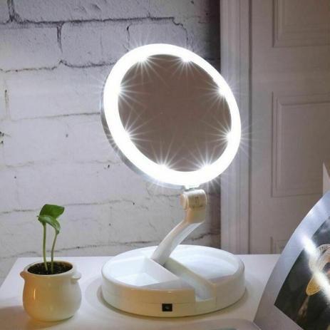 Imagem de Espelho Led De Mesa Redondo Branco Com Aumento 10x Dobrável Para Maquiagem