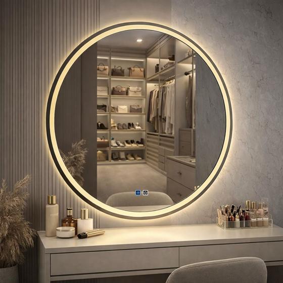 Espelho Led Orgânico Redondo Para Banheiro Touch 3 Cores de Luz Com Desembaçador e Display Digital 80x80cm bivolts