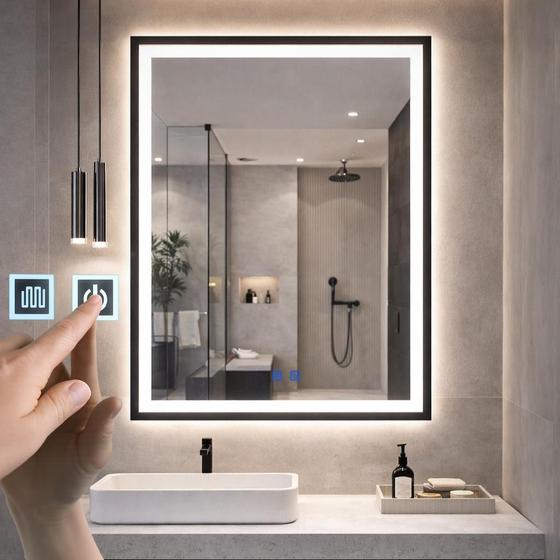 Espelho Led Orgânico Retangular Touch 3 Cores de Luz Com Desembaçador e Display Digital 80x60cm