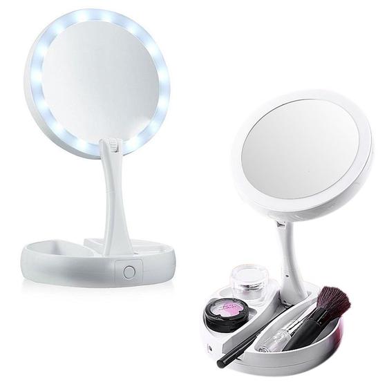 Imagem de Espelho Luz C/ Led Dobrável Aumenta zoom 10x Maquiagem camarim Portátil