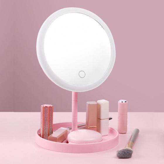 Imagem de Espelho Maquiagem De Mesa Com Cabo Usb E Ring Light Led Luminária Branco Quente Com Base Organizador De Maquiagem