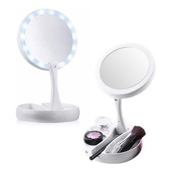 Imagem de Espelho Maquiagem Duplo Led Mesa Portátil Dobrável Zoom 10x