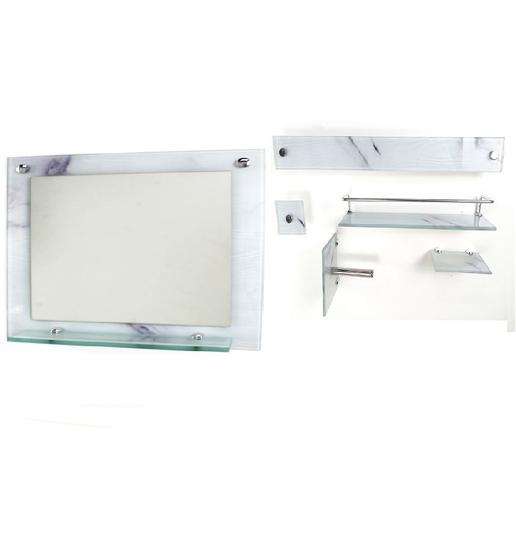 Imagem de Espelho para banheiro com prateleira 50cm x 40cm mais kit acessórios para banheiro mármore branco