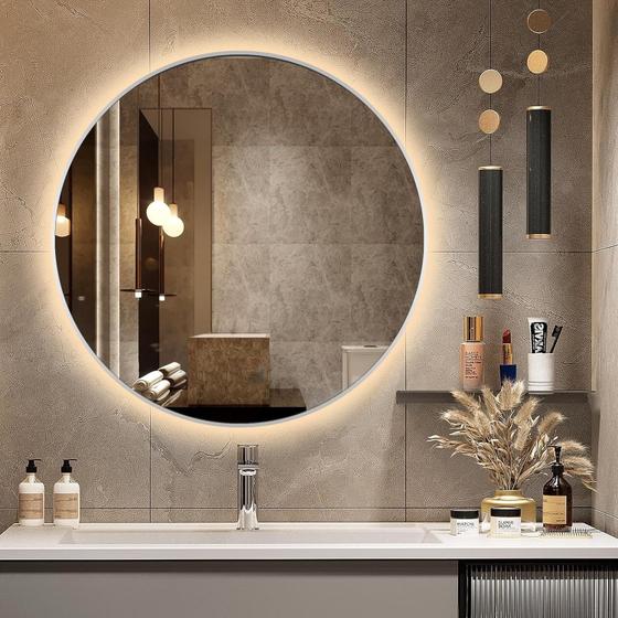Imagem de Espelho redondo com moldura prateada iluminado com led quente 70cm