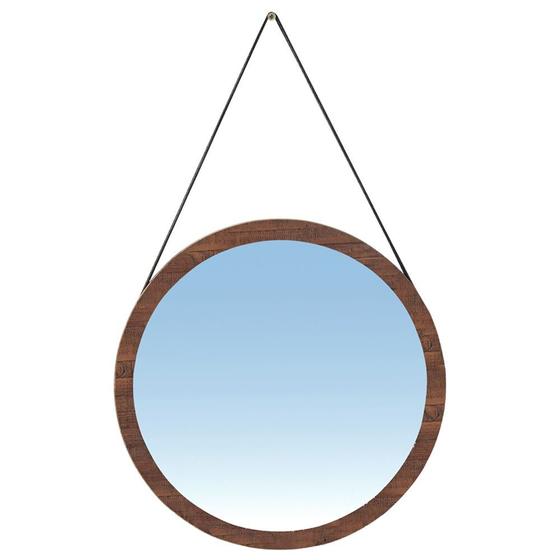 Imagem de Espelho Redondo Decorativo Melk 65cm Com Tira de Couro Madeira Maciça Rustic Brown G54 - Gran Belo