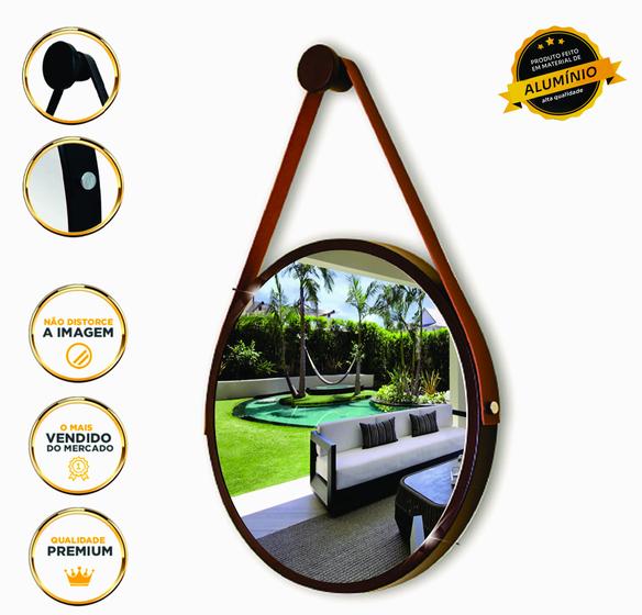 Espelho Redondo Decorativo Suspenso Com Alça 30cm + Suporte Marrom Alça Caramelo Menor preço em Espelho Redondo Decorativo Suspenso Com Alça 30cm + Suporte Marrom Alça Caramelo
