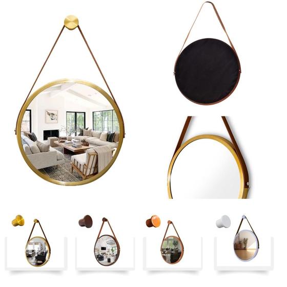 Imagem de Espelho Redondo Decorativo Suspenso Com Alça 40cm + Suporte Dourado Alça Caramelo