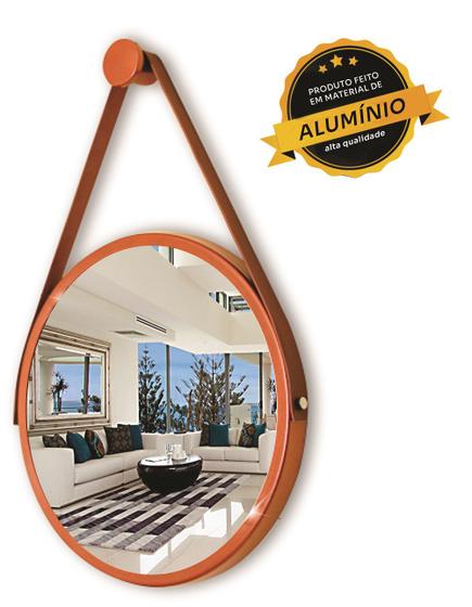 Imagem de Espelho Redondo Decorativo Suspenso Com Alça 60cm + Suporte Cobre alça Caramelo