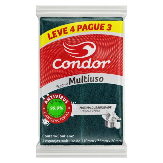 Imagem de Esponja Bucha Multiuso Condor Pacote 4 Unidades Pague 3 Dupla Face Agente Antibacteriano  / Antiviral Louças Vidro Inox