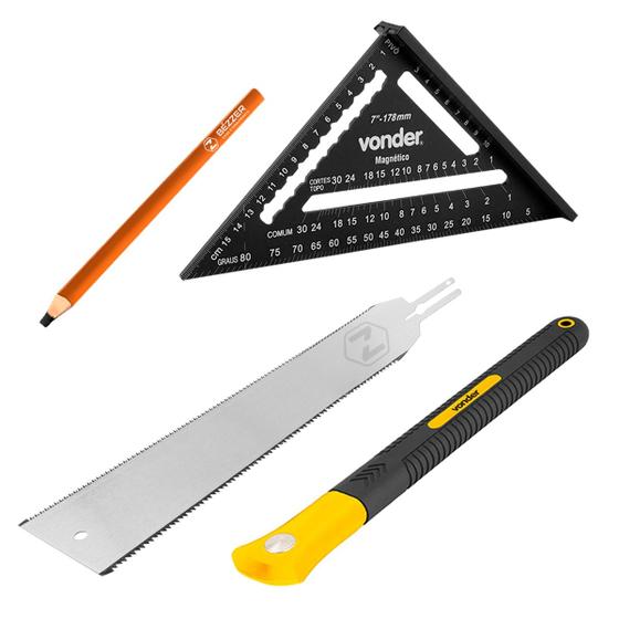 Imagem de Esquadro Speed Triangular com Base magnética e Lápis + Serrote Tipo Japonês Vonder