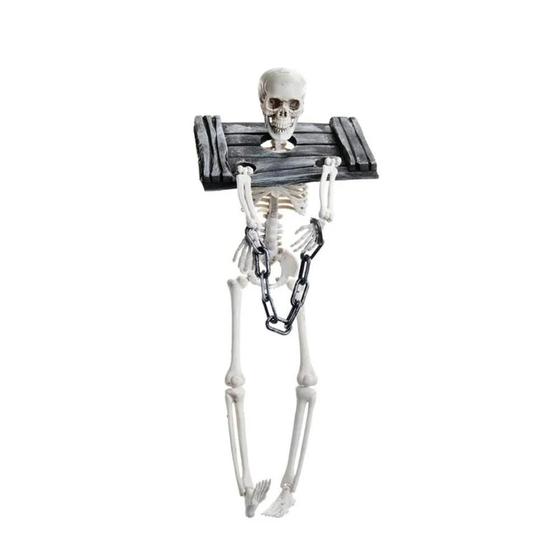 Imagem de Esqueleto Halloween pra Pendurar Acorrentado Na Guilhotina 42 cm