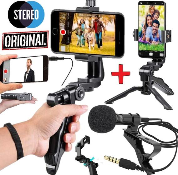 Imagem de Estabilizador de Mão Steadicam Tripé Profissional Celular Smartphone + Microfone Lapela Gravação de Vídeo Youtuber Vlog