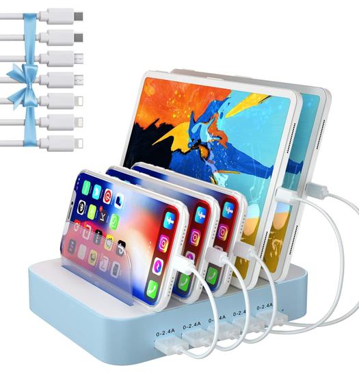 Imagem de Estação de Carregamento MSTJRY com 5 Portas USB-A e 7 Cabos Azuis