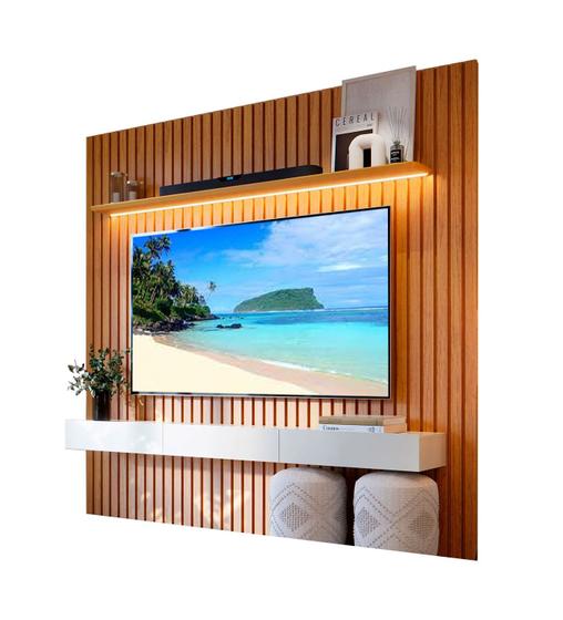 Imagem de Estante Home para Sala TV 75 Polegadas Ripado Cleean 2.2 Naturale com Off White - MoveisAqui