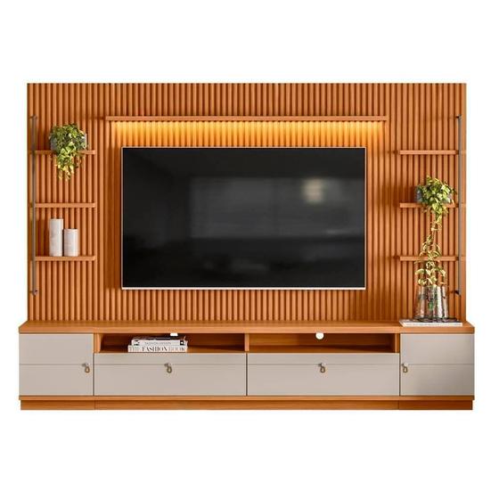 Imagem de Estante Home Ripado Modulado Para TV Até 75 Polegadas Nature Off White Ouro Preto Linea Brasil