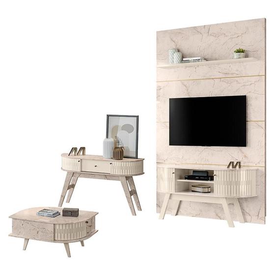 Imagem de Estante Home Theater com Bancada Silverstone e Aparador Estoril com Mesa de Centro Indianápolis Calacata Off White  Madetec