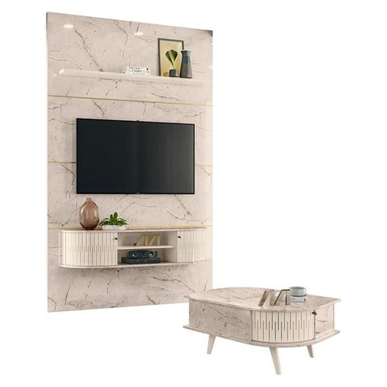 Imagem de Estante Home Theater com Bancada Suspensa Monte Carlo com Mesa de Centro Indianápolis Calacata Off White  Madetec