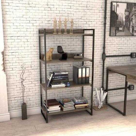 Imagem de Estante Industrial Kuadra com 3 Nichos 80 cm - Carvalho Dark/Preto