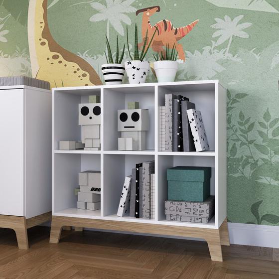 Imagem de Estante Infantil Armário Organizador Multiuso 6 Nichos Pés Marrom Madeira Design Retrô Branco