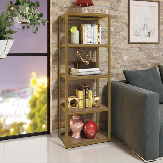 Imagem de Estante Livreiro Multiuso York Industrial Office Ferro Dourado 5 Prateleiras 100% MDF Castanho - Ahazzo Móveis