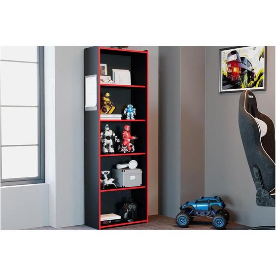 Imagem de Estante Livreiro Solteiro MB 1022 c/ 5 Nichos 60x182cm Preto/Vermelho - Movelbento