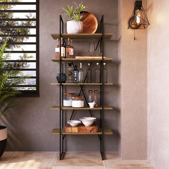 Estante Multiuso Industrial Steel Wood 5 Prateleiras Trevalla Preto/Amadeirado Menor preço em Estante Multiuso Industrial Steel Wood 5 Prateleiras Trevalla Preto/Amadeirado
