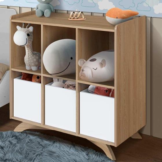 Imagem de Estante Organizadora Infantil Com 6 Nichos Aveiro Oak Com 3 Cubos Brancos Palon Shop Jm