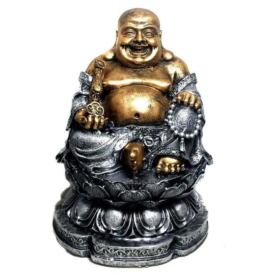 Imagem de Estátua Buda Chinês Sorridente da Riqueza Flor de Lótus 24cm - 1031