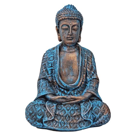 Imagem de Estátua Buda Hindu Tailandês Resina Enfeite Azul C/ Bronze 