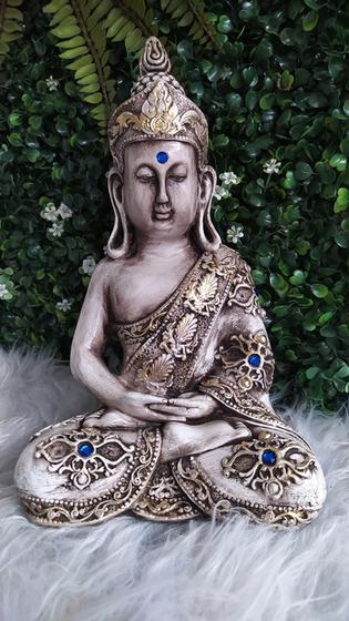 Imagem de Estátua Buda Tibetano Hindu Sidarta Meditação Cinza Azul  Decoração Gesso