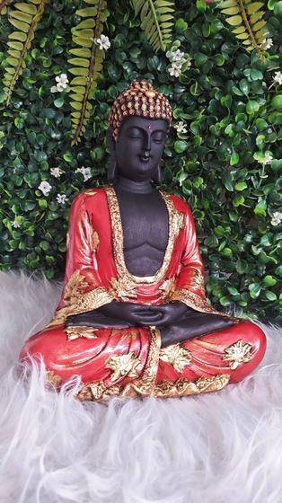 Imagem de Estatua Buda Tibetano Hindu Sidarta Meditação Manto Vermelho Envelhecido Decoração