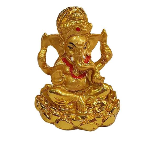 Imagem de Estátua De Ganesha De Resina Dourado Base Flor De Lótus 6Cm