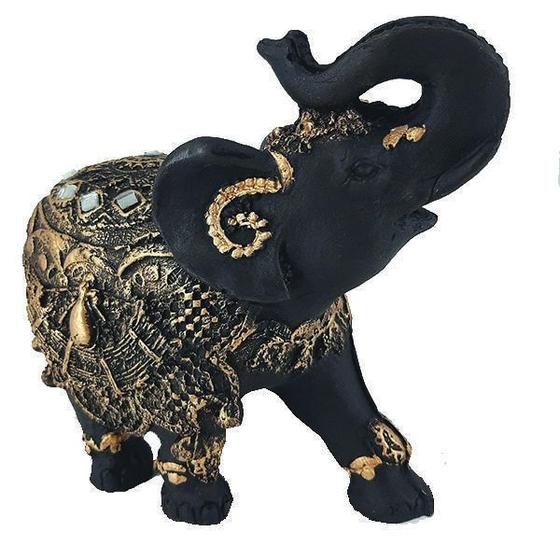 Imagem de Estátua Elefante Indiano Preto E Dourado Resina 18Cm 14020