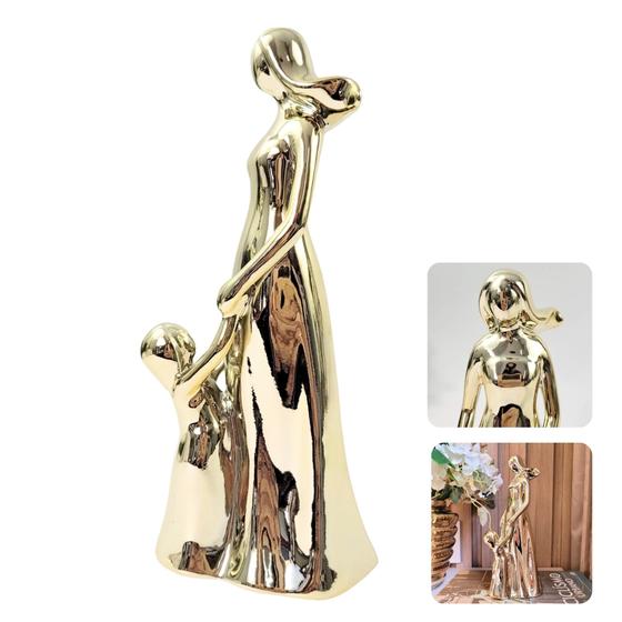 Imagem de Estátua Mãe Com Bebê Dourada Decorativa 22X9X8Cm Presente