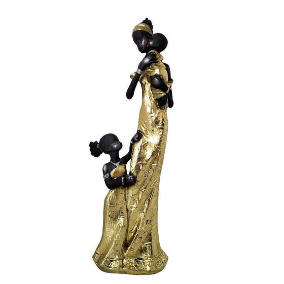 Imagem de Estatueta Decorativa Mãe Africana e Filhos Dourado Luxo 28cm
