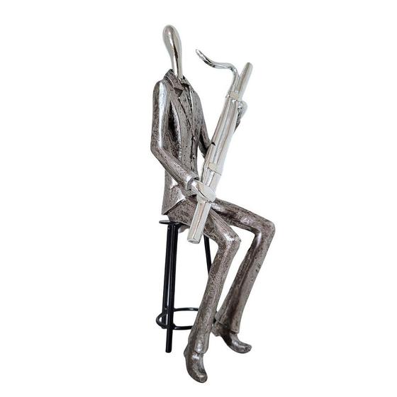 Imagem de Estatueta Decorativa Músico Flautista Sentado Prateado 27cm