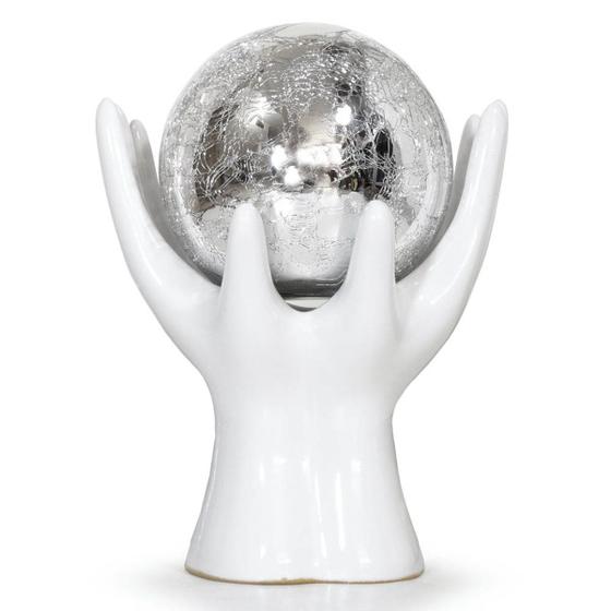 Imagem de Estatueta Enfeite Decoração Mesa Sala Mãos Branca Com Esfera Bola Prata