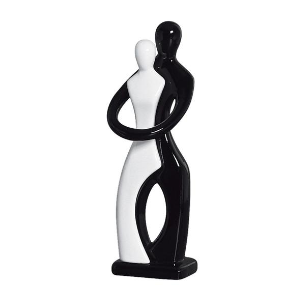 Imagem de Estatueta Estátua Escultura Enfeite Mesa Cerâmica Decoração Casal Abraçado Enlace Preto e Branco