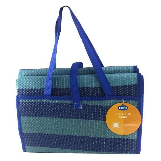 Imagem de Esteira De Casal Tapete Praia Dobrável 200x150cm Vira Bolsa Areia Azul