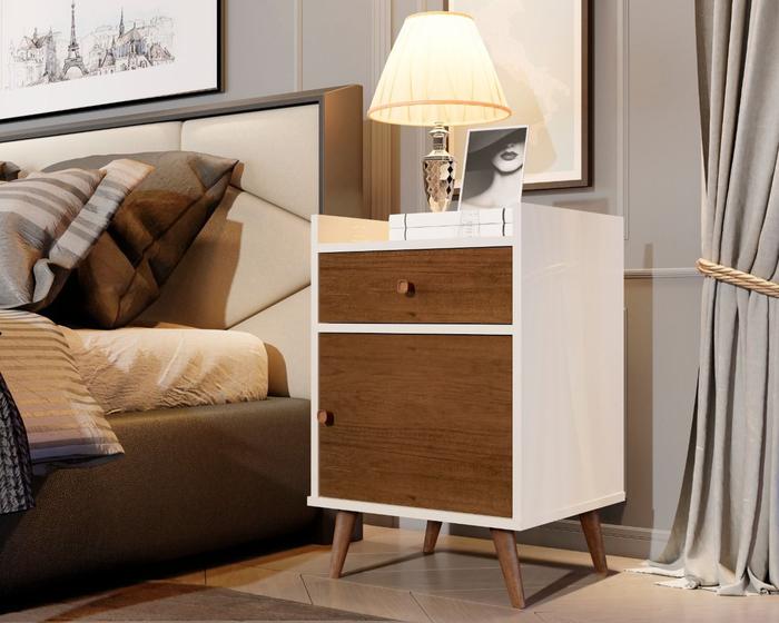 Imagem de Estilo Retrô Pés Palito Mesa de Cabeceira 1 gaveta 1 porta - 1313 Perola com Caramelo - Comprar Moveis Em Casa