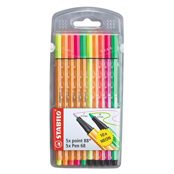 Imagem de Estojo Caneta Stabilo Point 88 + Pen 68 com 10 Cores Neon