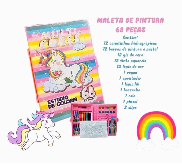 Imagem de Estojo de Colorir e Desenhar Maleta de Pintura Infantil Escolar Kit Com 68 Peças Unicórnio