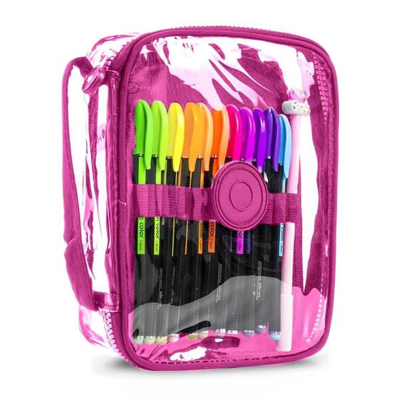 Imagem de Estojo Escolar Box Com Alça Necessaire Transparente Médio Juvenil Volta as Aulas Universitário Quadrado Necessaire Cosmético Mala Viagem