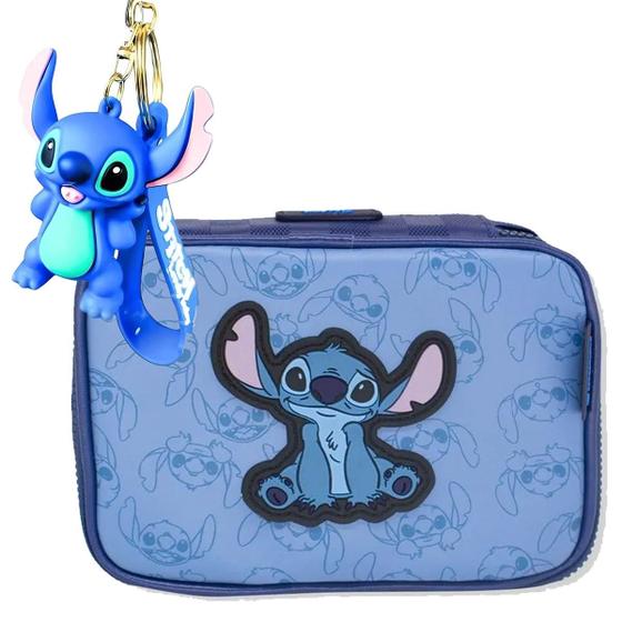 Imagem de Estojo Escolar Box e Chaveiro Azul Infantil Stitch Disney