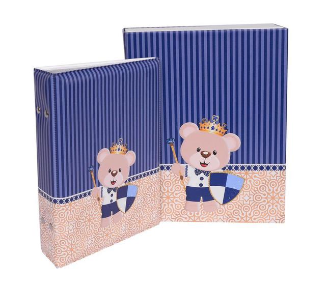 Imagem de Estojo Imantado com Álbum para 100 Fotos 15x21 - URSO ESCUDO Bebê Menino Ursinho Rei Coroa Azul Newborn