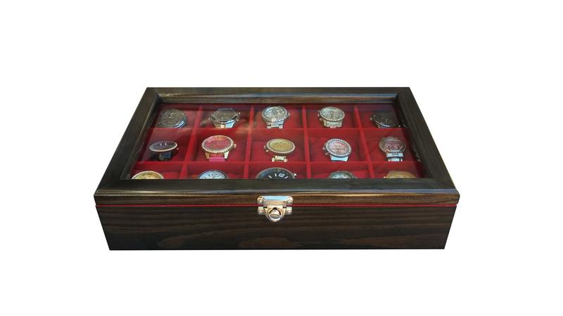 Imagem de Estojo para 15 Relógios MADEIRA - Ébano Flocado de Vermelho