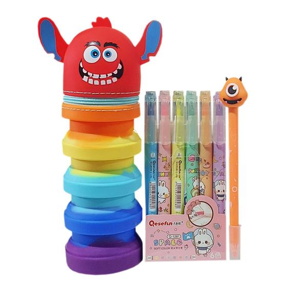 Imagem de Estojo Porta Treco Divertido Silicone Expansivo Sanfonado + Canetinhas Marca Texto
