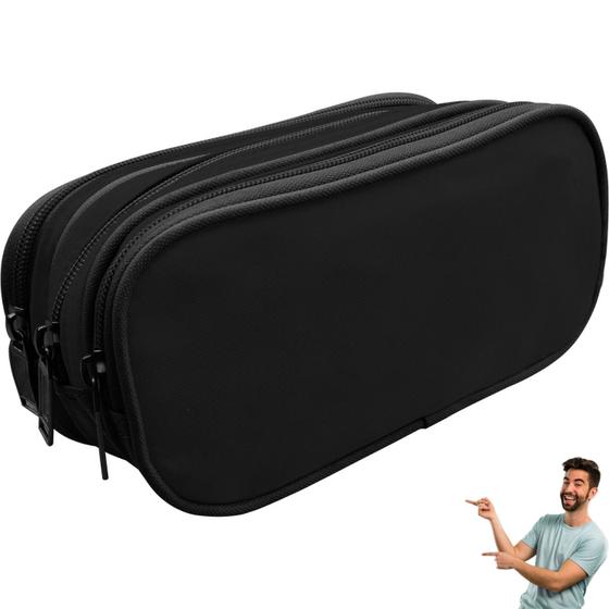 Imagem de Estojo Triplo de Zíper Preto Resistente Caneta Lápis Material