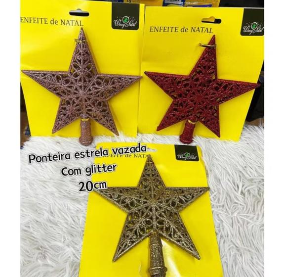 Imagem de Estrela Ponteira Vazada Com Glitter Enfeite Decoração 20cm Para Arvore De Natal